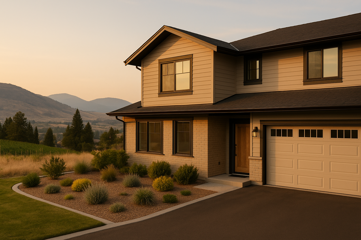 Penticton new townhome exterior in warm spring light