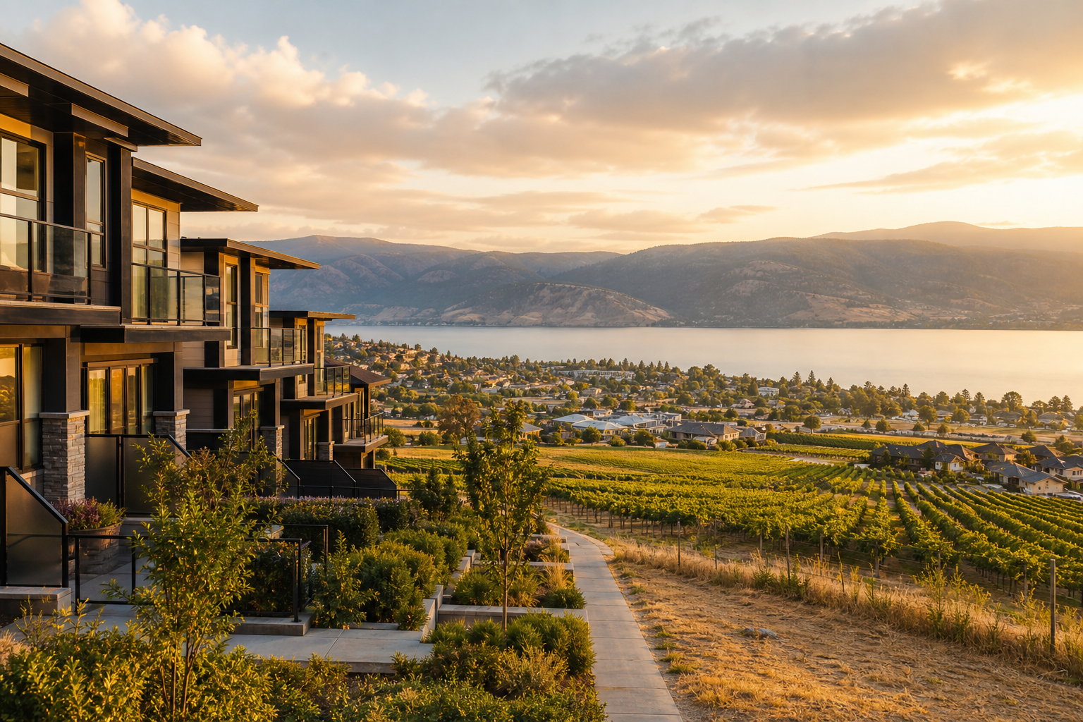 Modern South Okanagan townhomes near vineyards, lake views, and hills