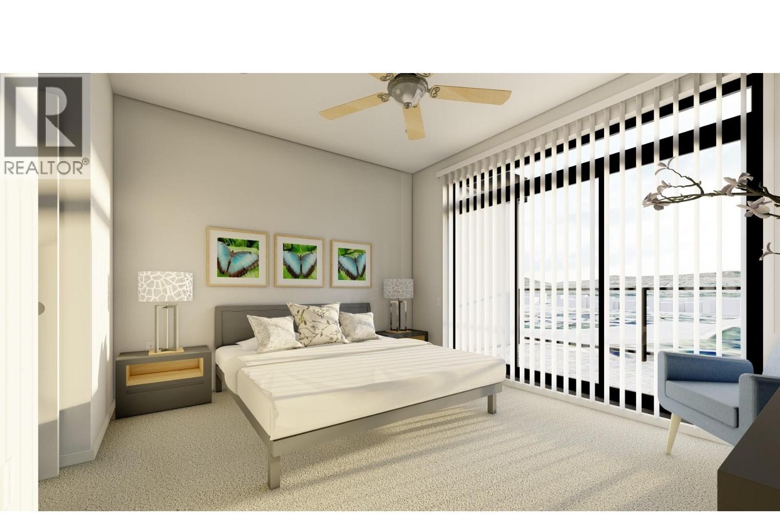 Unit 102 at The Wade Residences, 463 Wade Avenue, Penticton — bedroom interior rendering