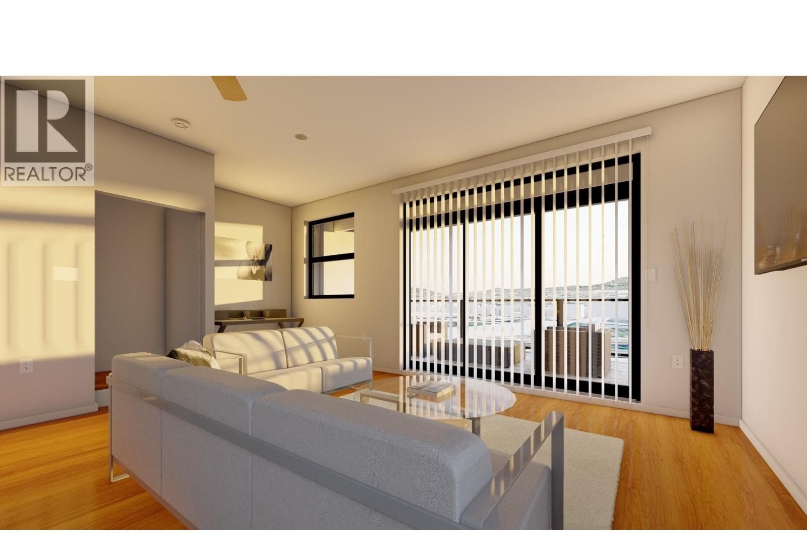 Unit 102 at The Wade Residences, 463 Wade Avenue, Penticton — kitchen and living-space interior rendering