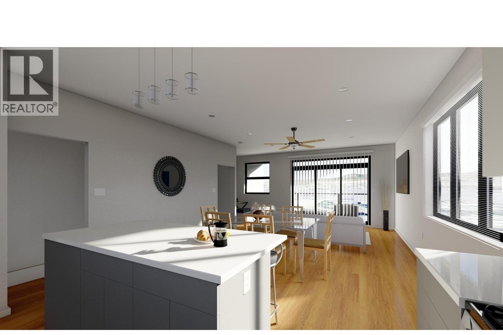 Unit 102 at The Wade Residences, 463 Wade Avenue, Penticton — kitchen and living-space interior rendering