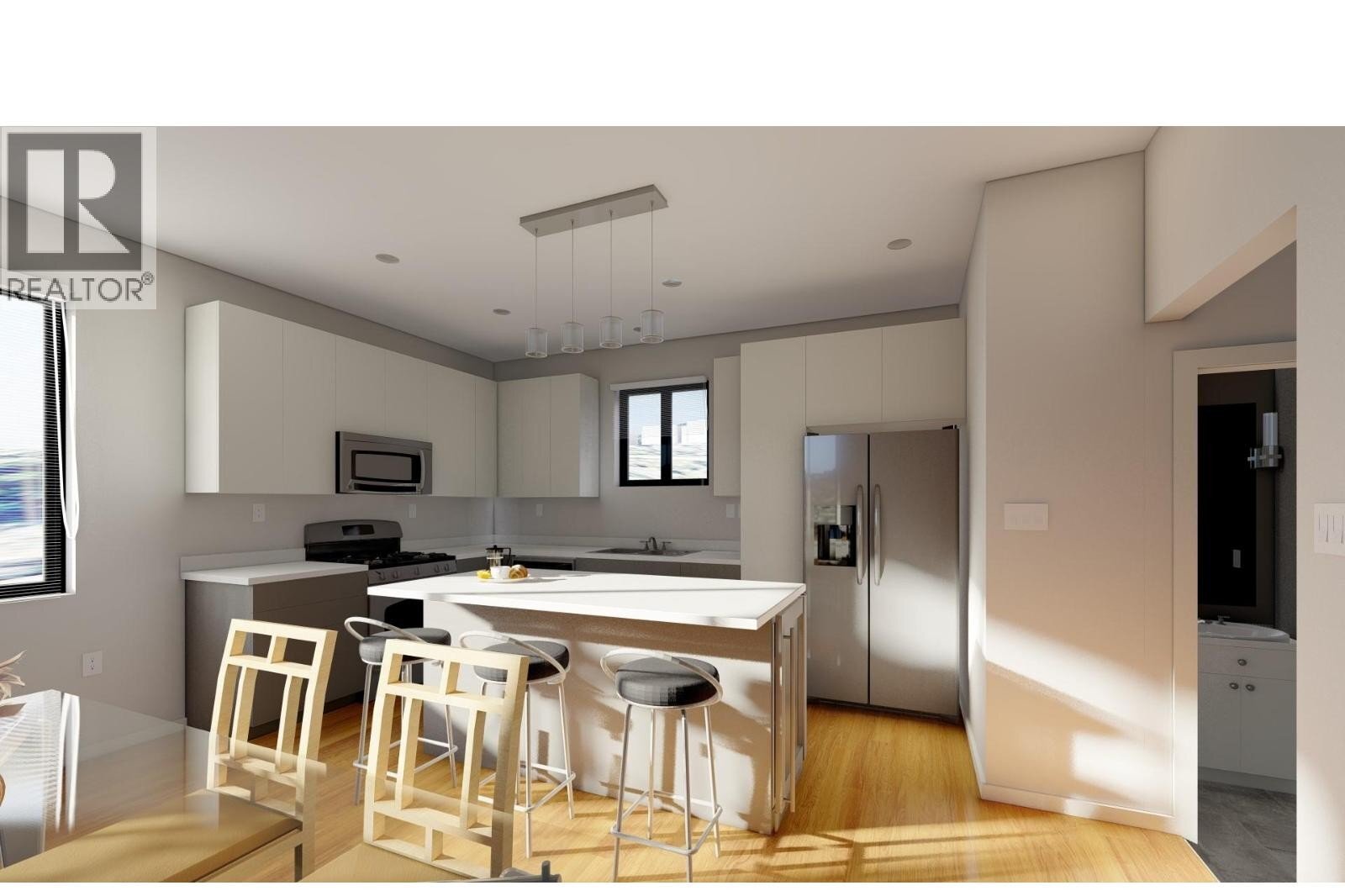 Unit 102 at The Wade Residences, 463 Wade Avenue, Penticton — kitchen and living-space interior rendering