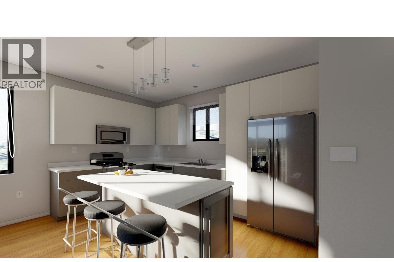 Unit 102 at The Wade Residences, 463 Wade Avenue, Penticton — kitchen and living-space interior rendering