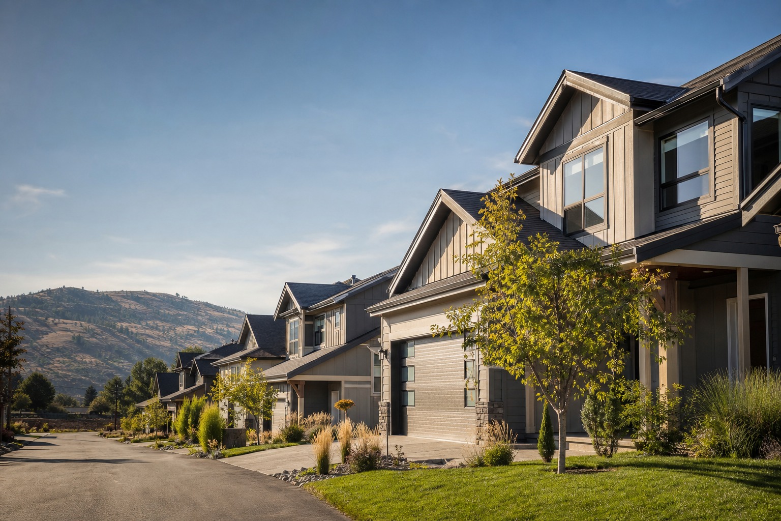 Representative low-density townhome community with private yards and a shared lane in a South Okanagan setting
