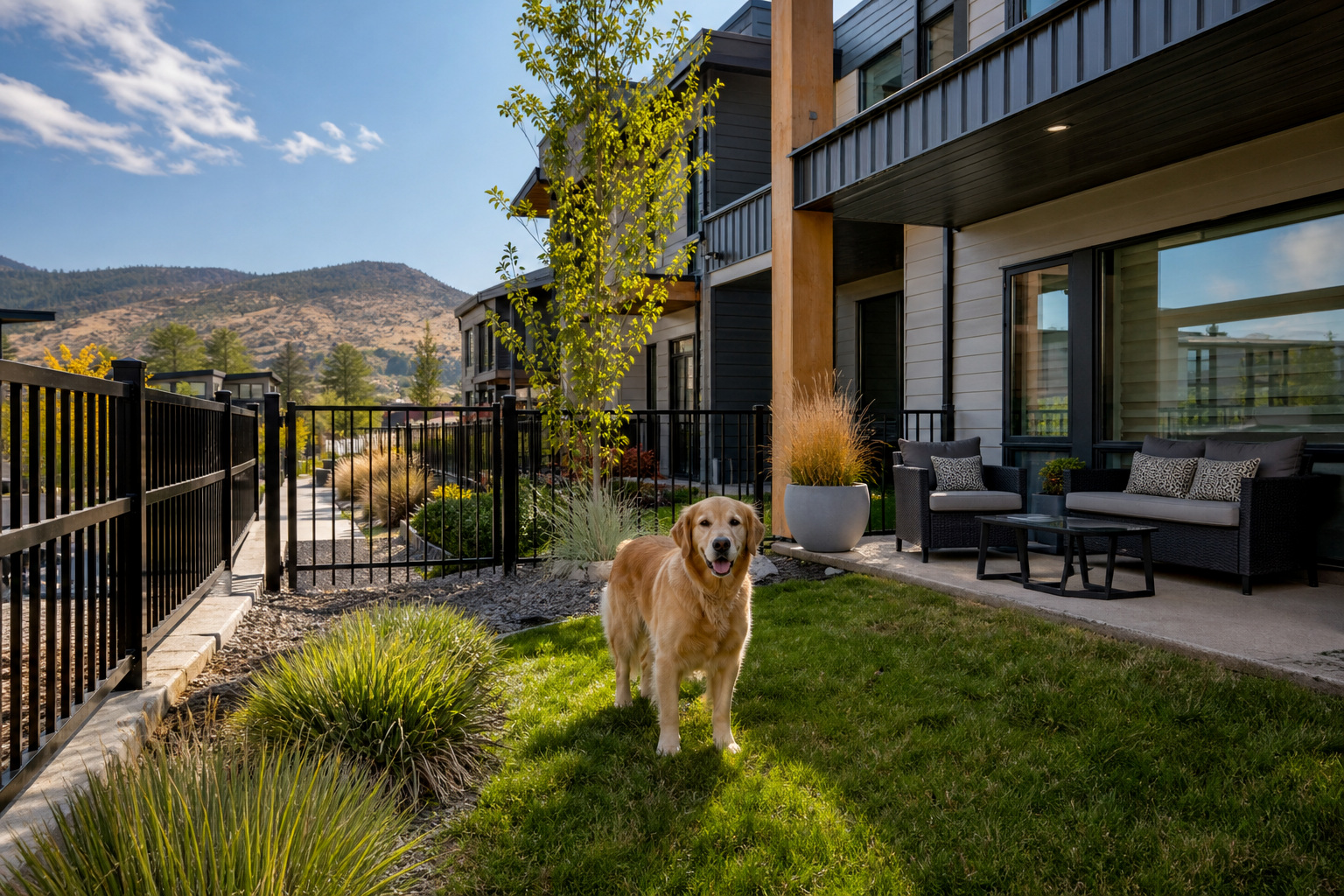 Golden retriever in the fenced yard of a modern attached townhome, used as representative editorial imagery