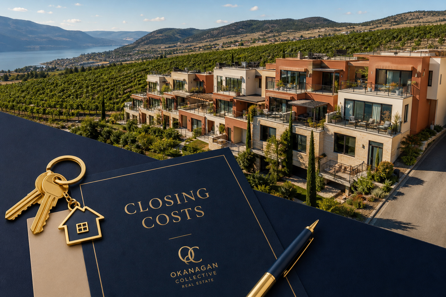 Keys and documents representing closing costs for a Penticton townhome purchase in BC