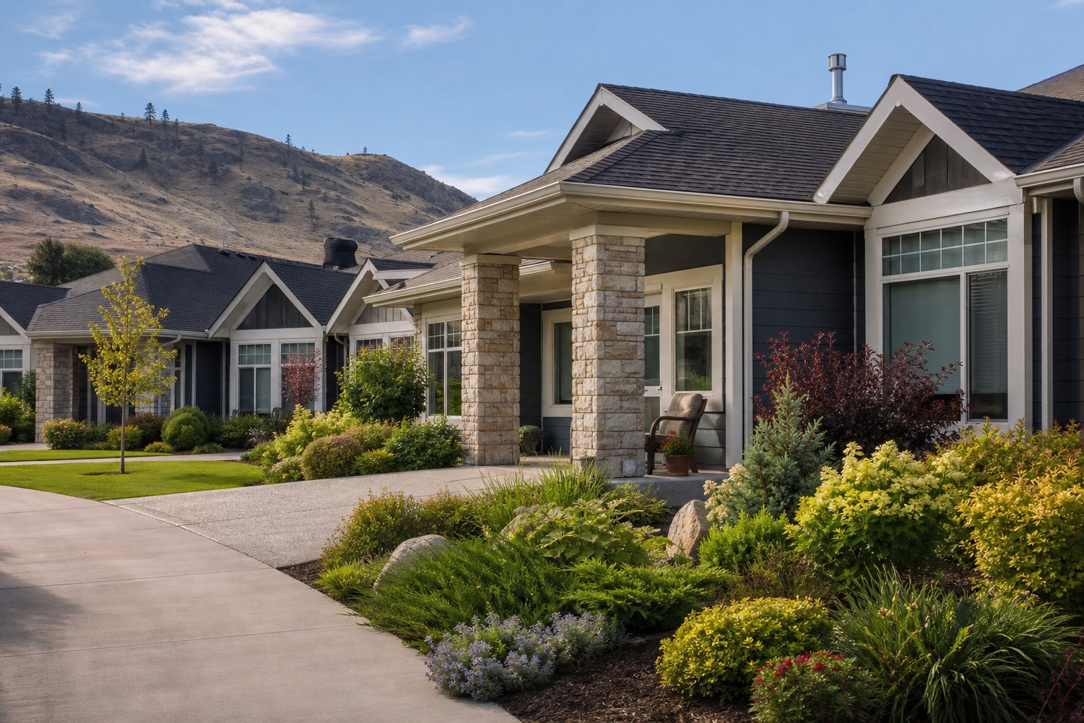 Representative 55-plus-style townhome community with mature landscaping in an Okanagan setting