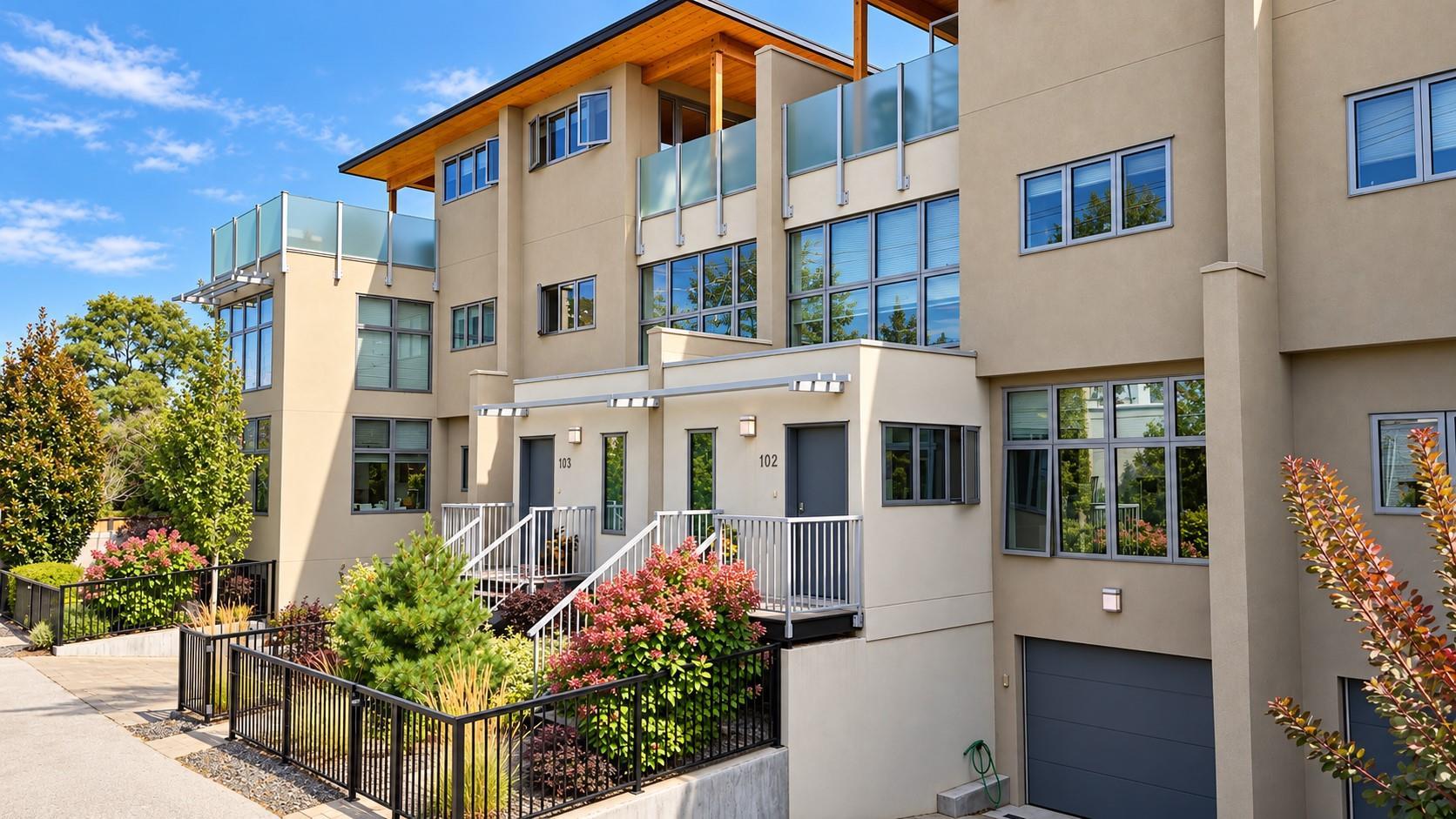 102-433 Churchill Avenue, Penticton — front exterior and modern four-level townhome architecture